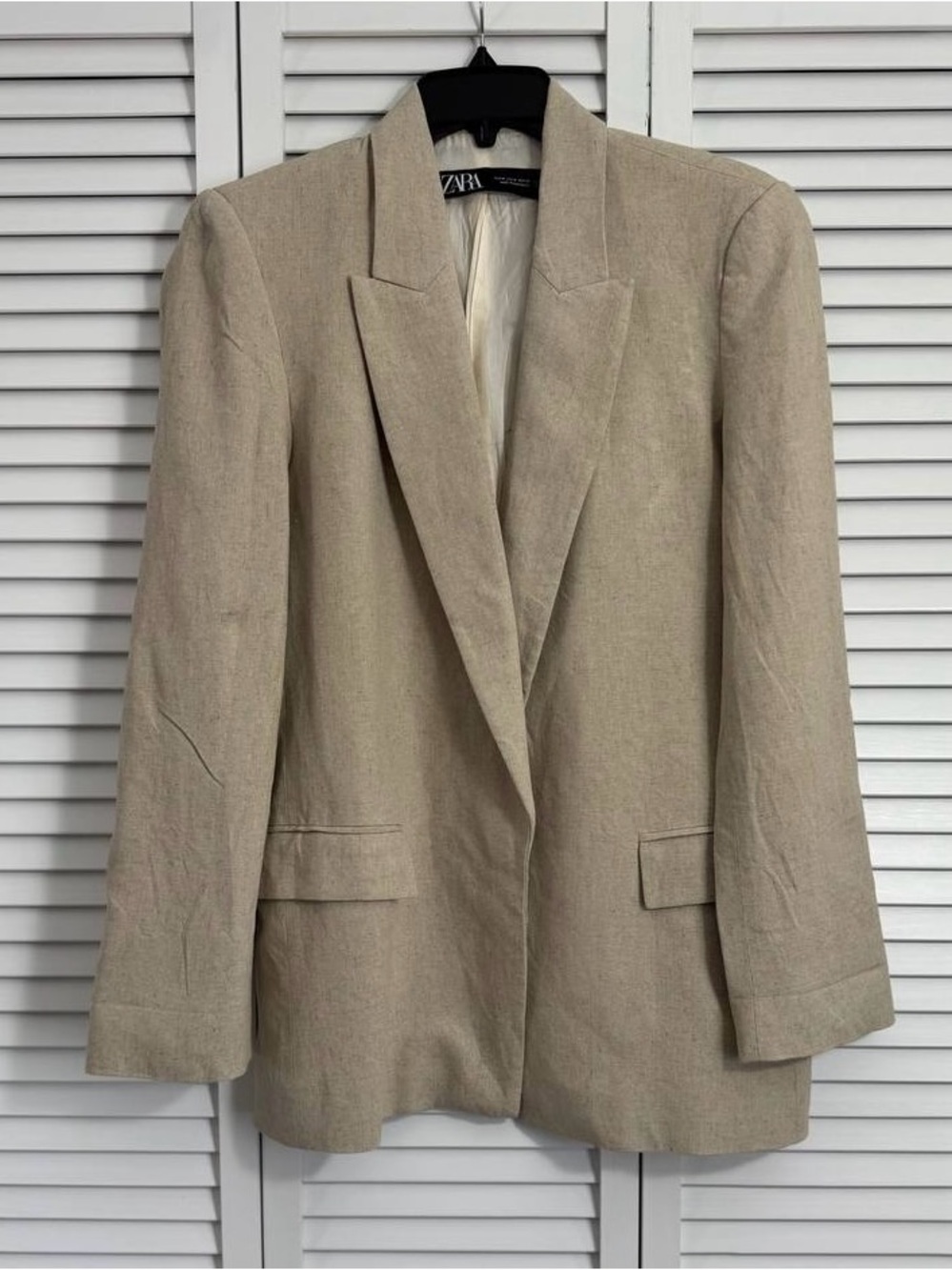Zara Womens Beige Linen Blend Double Breasted Blazer Open Front Sz Medium Pocket